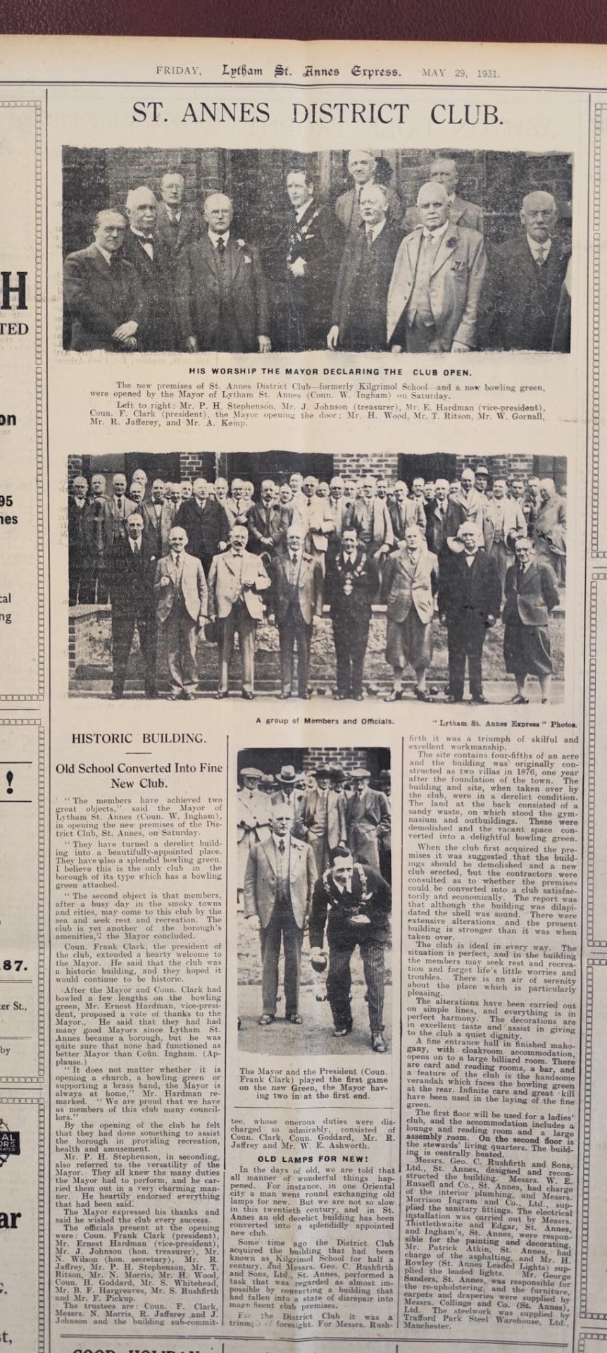 A newspaper page from the Lytham St Annes Express, 29 May 1931, headlined 'St Annes District Club' with photographs of the Mayor declaring the club open, a group of members and officials, and the Mayor bowling on the new green.